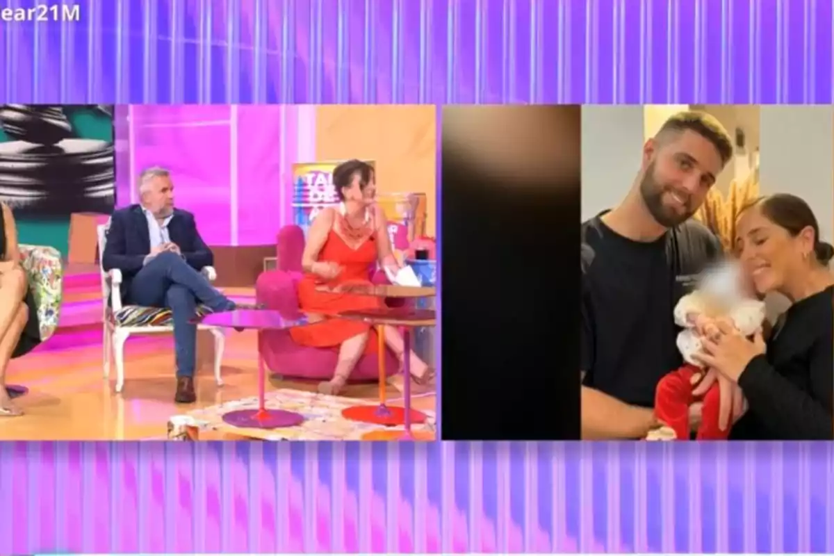 Un programa de televisió amb un panell de convidats discuteix un tema mentre es mostra una imatge d'una parella amb un nadó a la pantalla. Un programa de televisió amb un panell de convidats discuteix un tema mentre es mostra una imatge d'una parella amb un nadó a la pantalla.