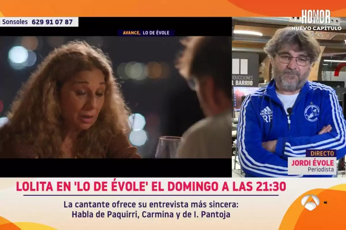 Captura de pantalla d'un programa de televisió que mostra dues persones, una dona i un home, a diferents escenes; el text indica que la dona serà entrevistada a 