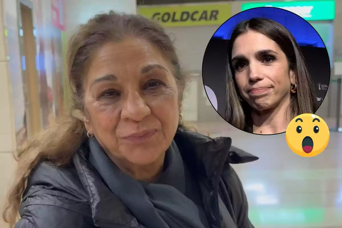 Una dona gran amb jaqueta fosca i bufanda està en un lloc públic, mentre que en un cercle superposat apareix una altra dona més jove amb expressió seriosa i un emoji sorprès.