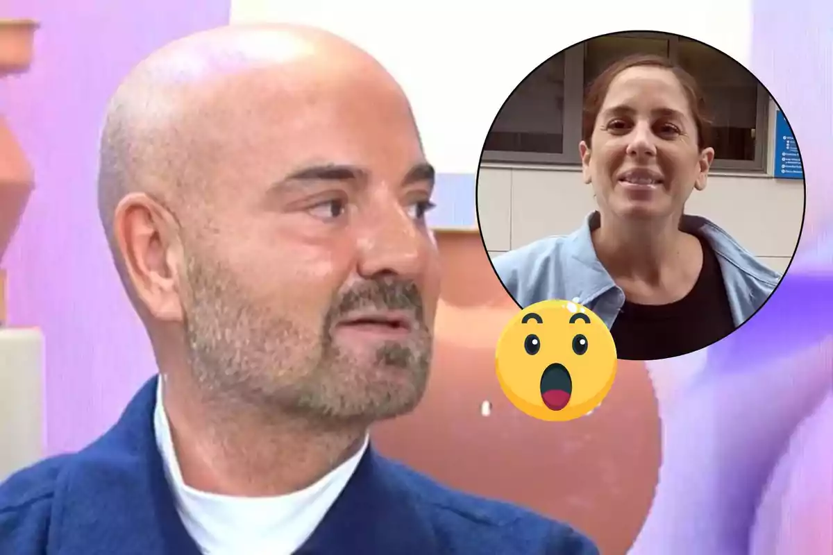 Un home calb amb barba mira cap a un cercle que conté la imatge d?una dona somrient, amb un emoji sorprès superposat.