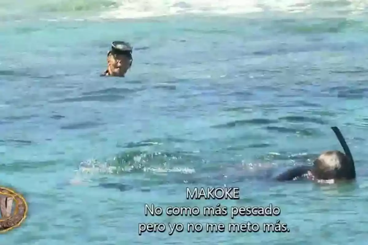 Dues persones neden al mar amb equip de snorkel i hi ha un text a la pantalla que diu MAKOKE Jo no menjo més peix però jo no hi entro més Dues persones neden al mar amb equip de snorkel i hi ha un text a la pantalla que diu MAKOKE Jo no menjo més peix però jo no hi entro més