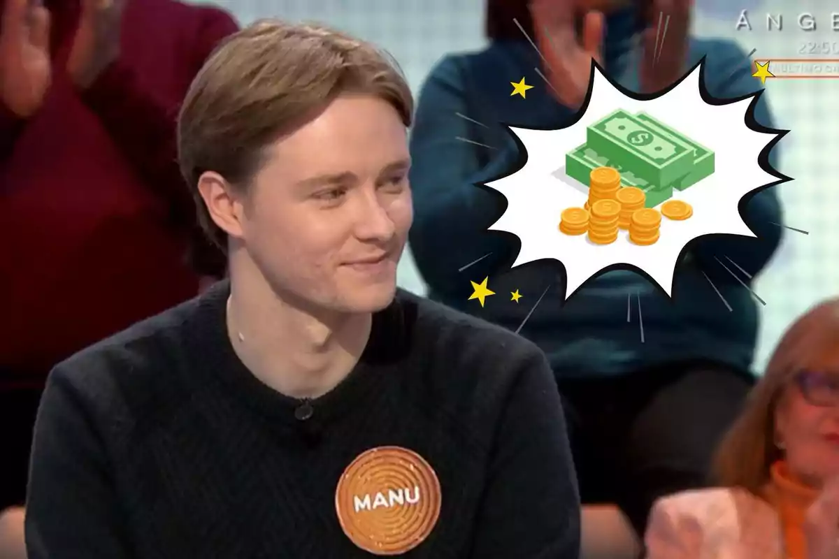 A young man with a tag that says "Manu" smiles while sitting on a TV show, with an illustration of money and coins in the background.
