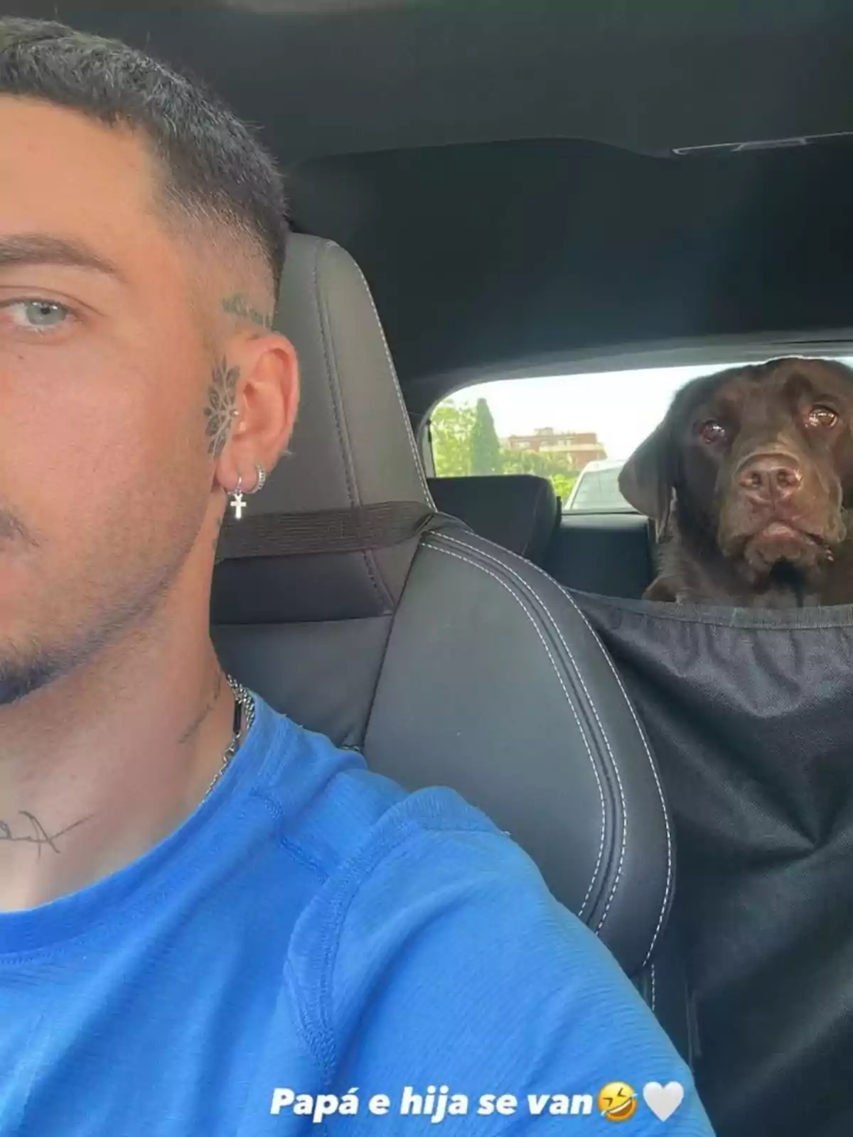 Un home amb tatuatges i una samarreta blava està al seient del conductor d'un cotxe, mentre un gos marró està assegut al seient del darrere. Un home amb tatuatges i una samarreta blava està al seient del conductor d'un cotxe, mentre un gos marró està assegut al seient del darrere.