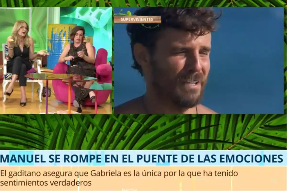 En un programa de televisió, dues dones estan assegudes en un plató acolorit mentre un home apareix en una pantalla dividida, amb un text que menciona un moment emocional relacionat amb Gabriela. En un programa de televisió, dues dones estan assegudes en un plató acolorit mentre un home apareix en una pantalla dividida, amb un text que menciona un moment emocional relacionat amb Gabriela.