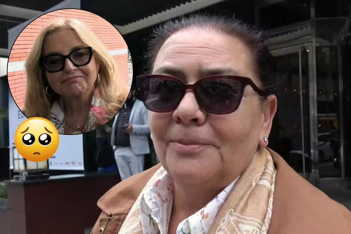 Una dona amb ulleres de sol i bufanda està en primer pla, mentre que en un requadre apareix una altra dona amb expressió seriosa i un emoji trist.
