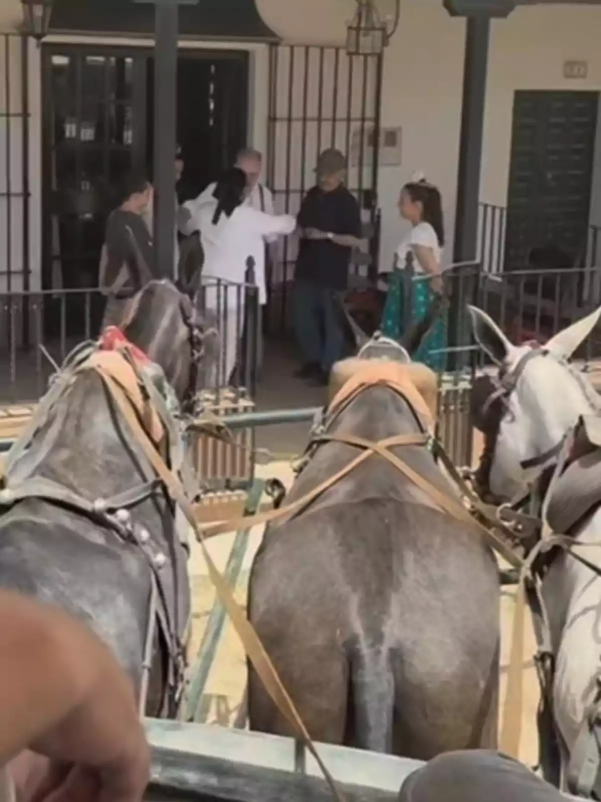 Dos cavalls estiren d’un carruatge mentre diverses persones conversen a l’entrada d’una casa. Dos cavalls estiren d’un carruatge mentre diverses persones conversen a l’entrada d’una casa.