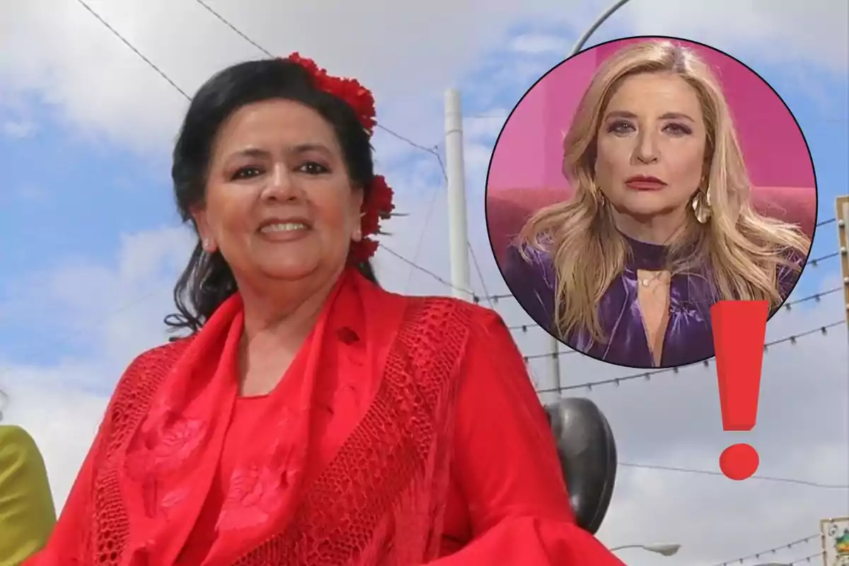 Una dona vestida de vermell somriu a l'aire lliure mentre una altra dona apareix en un cercle amb un signe d'exclamació vermell.
