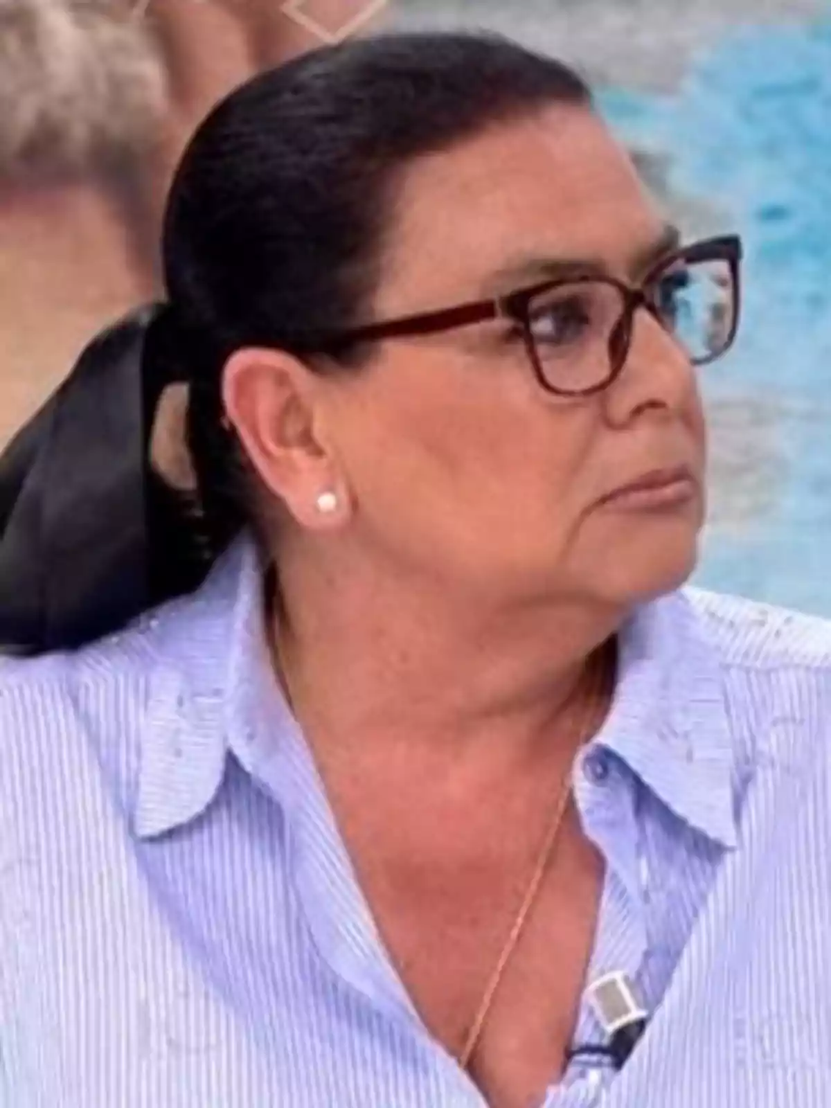 Una persona amb ulleres i cabell recollit, vestint una camisa blava de ratlles. Una persona amb ulleres i cabell recollit, vestint una camisa blava de ratlles.