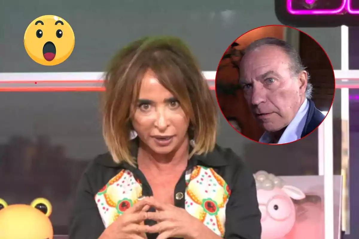 Una dona amb expressió seriosa en un estudi de televisió amb un emoji sorprès i un home en un cercle vermell a la cantonada superior dreta.