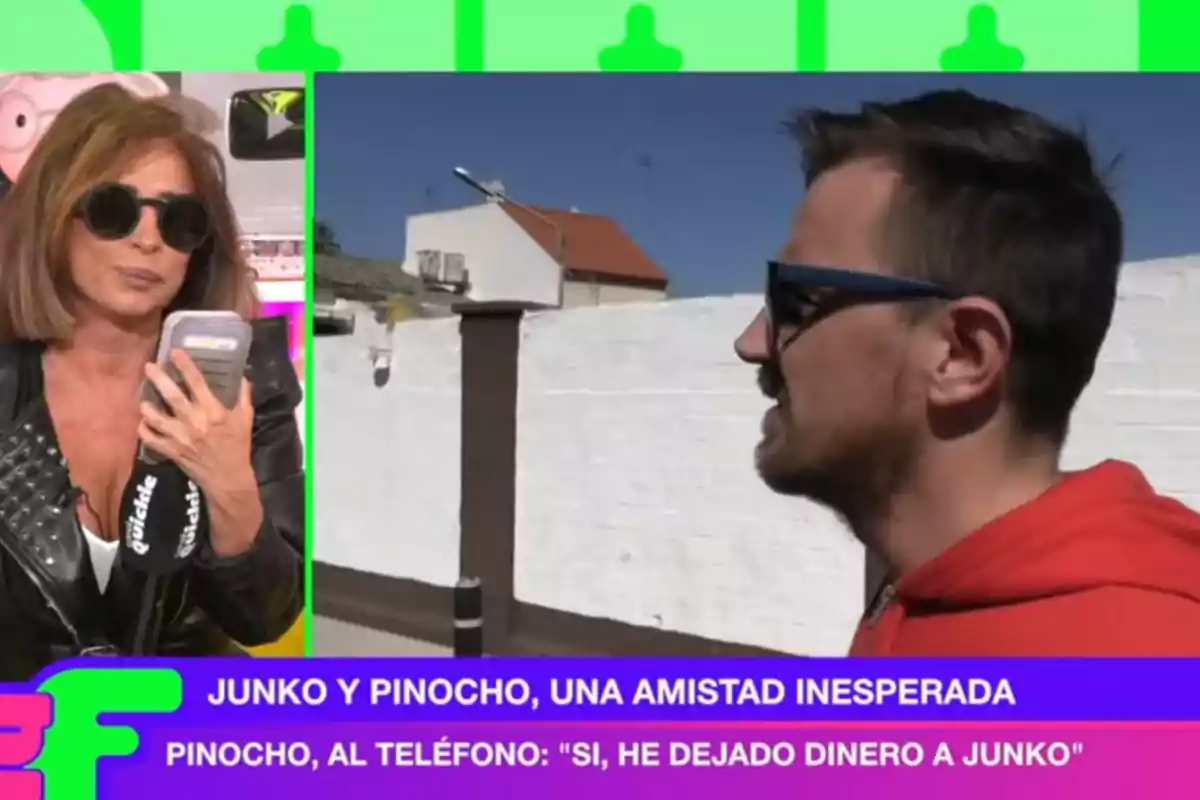 Una dona amb ulleres de sol sosté un micròfon mentre parla per telèfon, i un home amb ulleres de sol i dessuadora vermella està de perfil en un entorn exterior; el text a la imatge esmenta una amistat inesperada entre Junko i Pinotxo. Una dona amb ulleres de sol sosté un micròfon mentre parla per telèfon, i un home amb ulleres de sol i dessuadora vermella està de perfil en un entorn exterior; el text a la imatge esmenta una amistat inesperada entre Junko i Pinotxo.