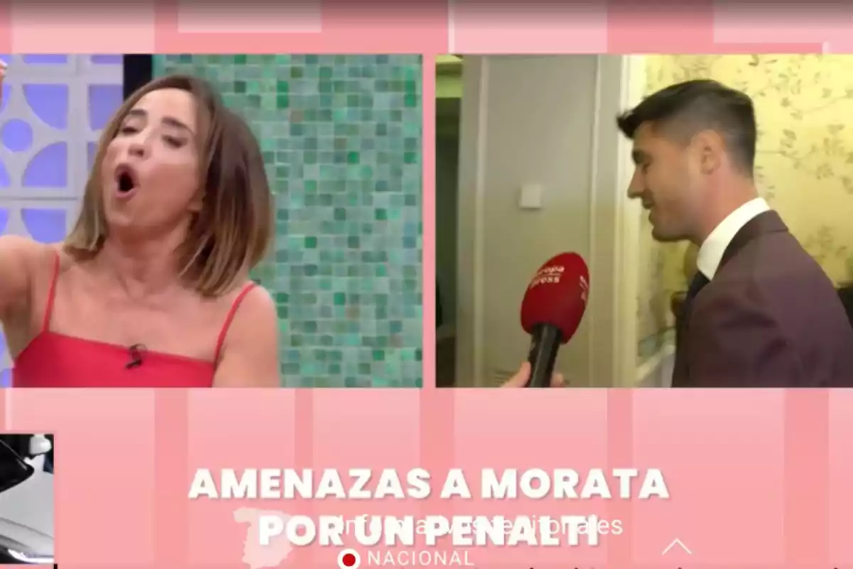 Woman in a red dress speaking on a television show next to a man being interviewed with a red microphone, with the text Woman in a red dress speaking on a television show next to a man being interviewed with a red microphone, with the text