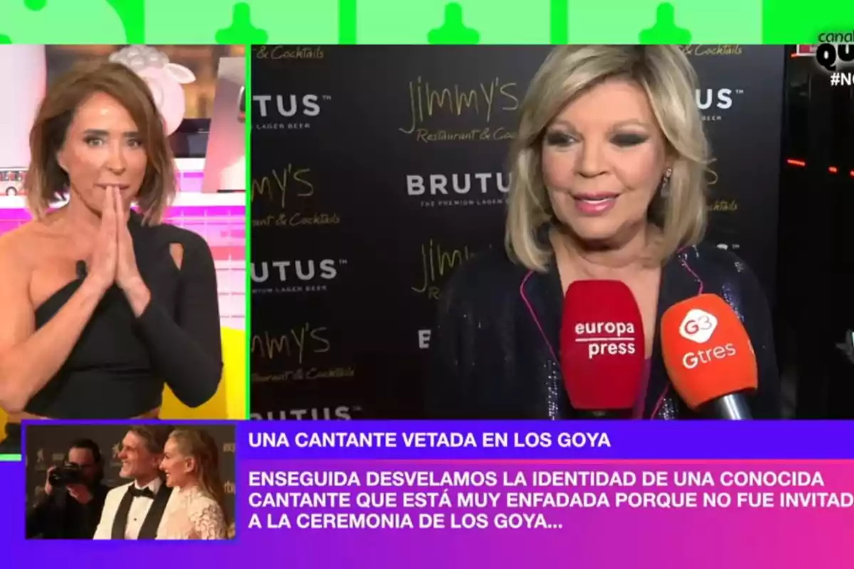 María Patiño a 'Ni que fuéramos' i Terelu Campos sent entrevistada en un esdeveniment, amb un text en pantalla que esmenta una cantant vetada als Goya.