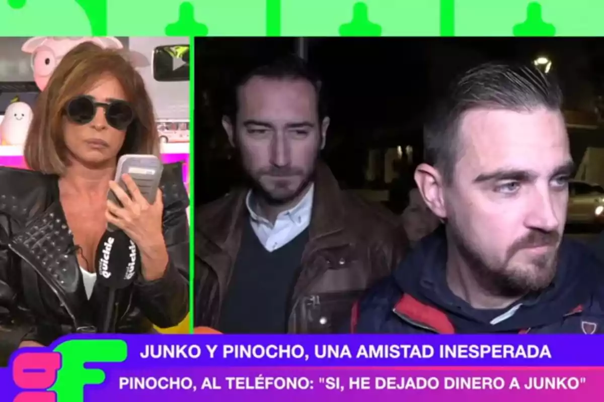 Una dona amb ulleres de sol sosté un telèfon i un micròfon en un estudi acolorit, mentre dos homes apareixen en una escena nocturna; el text a la part inferior menciona una amistat inesperada entre Junko i Pinotxo, amb una cita sobre deixar diners. Una dona amb ulleres de sol sosté un telèfon i un micròfon en un estudi acolorit, mentre dos homes apareixen en una escena nocturna; el text a la part inferior menciona una amistat inesperada entre Junko i Pinotxo, amb una cita sobre deixar diners.