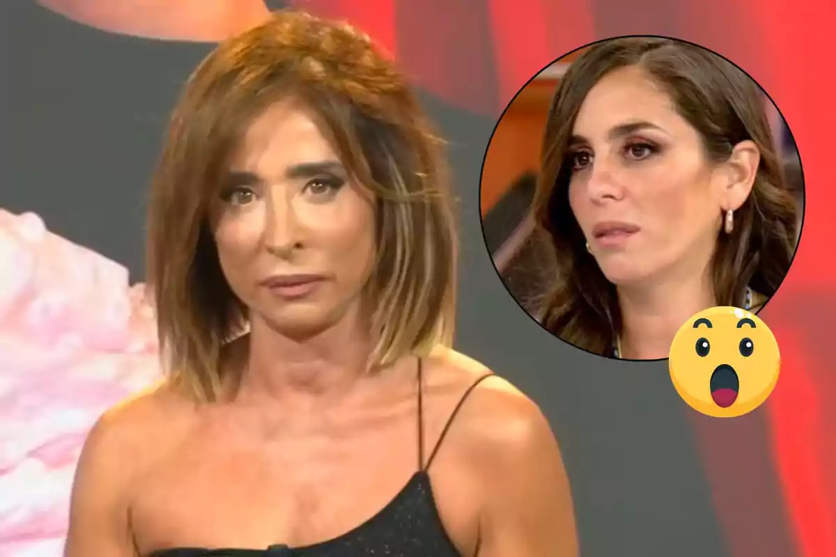 Una dona amb cabell castany i expressió seriosa en un programa de televisió, amb un requadre que mostra una altra dona amb expressió sorpresa i un emoji de cara sorpresa.