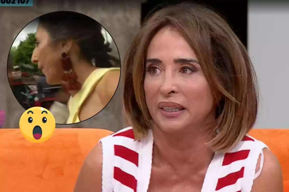 Una dona amb cabell castany i expressió seriosa està asseguda en un sofà taronja, mentre en un requadre es mostra una altra dona de perfil amb un vestit groc i grans arracades, acompanyada d'un emoji sorprès.