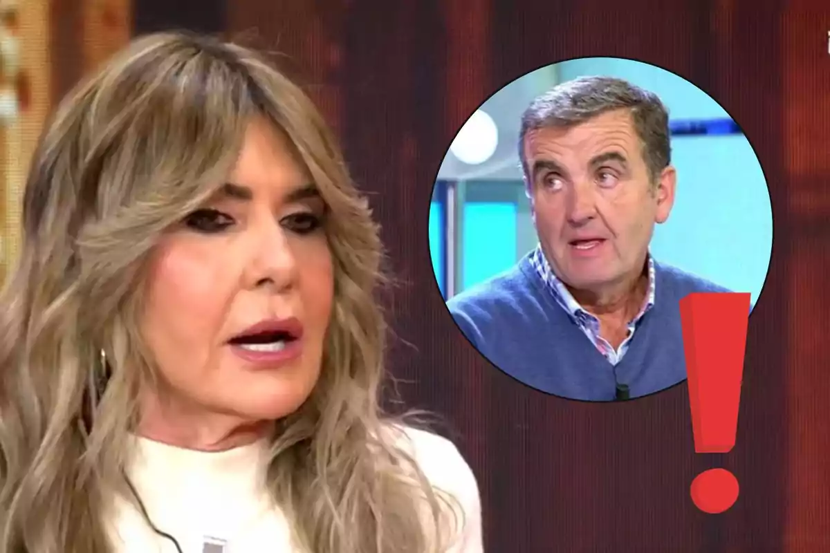 Una dona amb cabell llarg i ros apareix en primer pla mentre un home gran està en un requadre circular al fons amb un signe d'exclamació vermell.