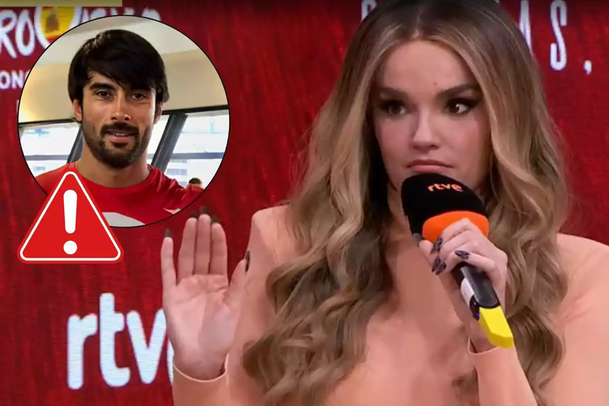 Dona amb expressió seriosa sosté un micròfon de RTVE mentre aixeca la mà i a la cantonada superior esquerra apareix un requadre amb la imatge d’un home i una icona d’advertència.