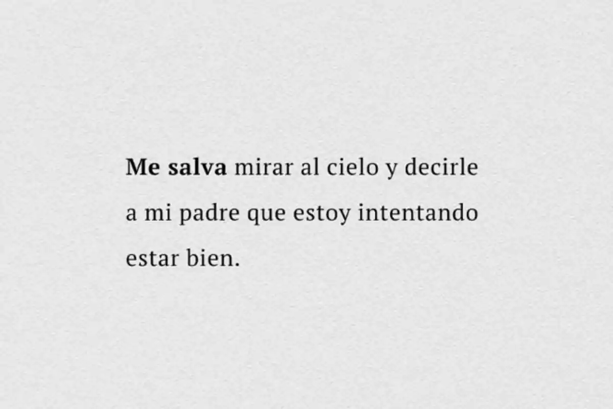 Frase en fondo claro que expresa que mirar al cielo y decirle al padre que se está intentando estar bien es algo que salva Frase en fondo claro que expresa que mirar al cielo y decirle al padre que se está intentando estar bien es algo que salva