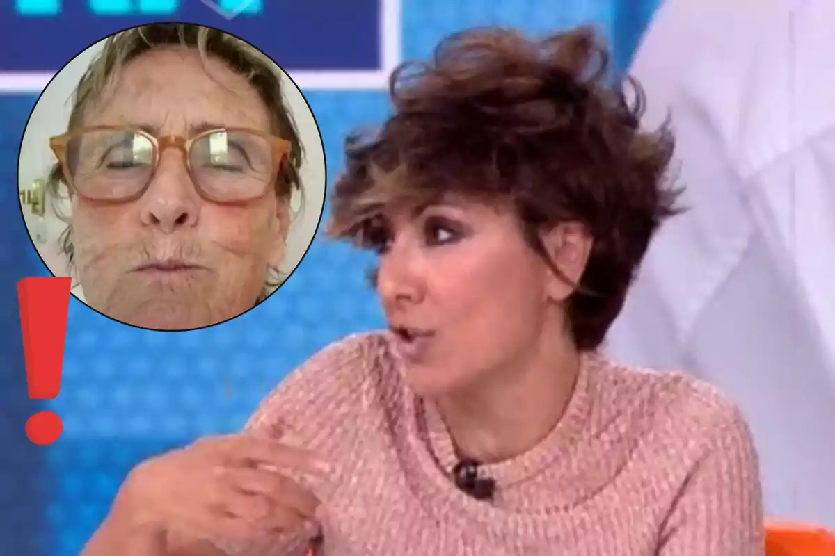 A woman with short, light brown hair speaks on a television show while a circle in the upper left corner shows the image of an elderly person wearing glasses and a red exclamation mark.