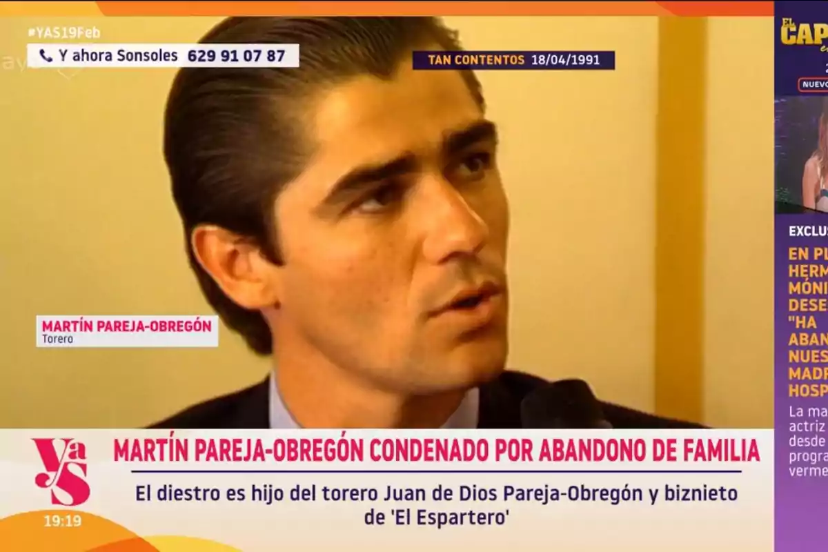 Miguel Pareja-Obregón amb cabell fosc i pentinat cap enrere apareix en una entrevista televisiva, amb gràfics en pantalla que inclouen el seu nom i detalls sobre la seva família i una condemna.