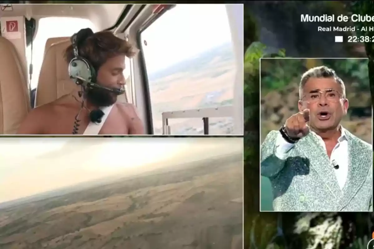Un home sense samarreta amb auriculars i micròfon viatja en helicòpter mentre en una altra part de la pantalla un presentador amb ulleres i jaqueta clara assenyala cap a la càmera. Un home sense samarreta amb auriculars i micròfon viatja en helicòpter mentre en una altra part de la pantalla un presentador amb ulleres i jaqueta clara assenyala cap a la càmera.