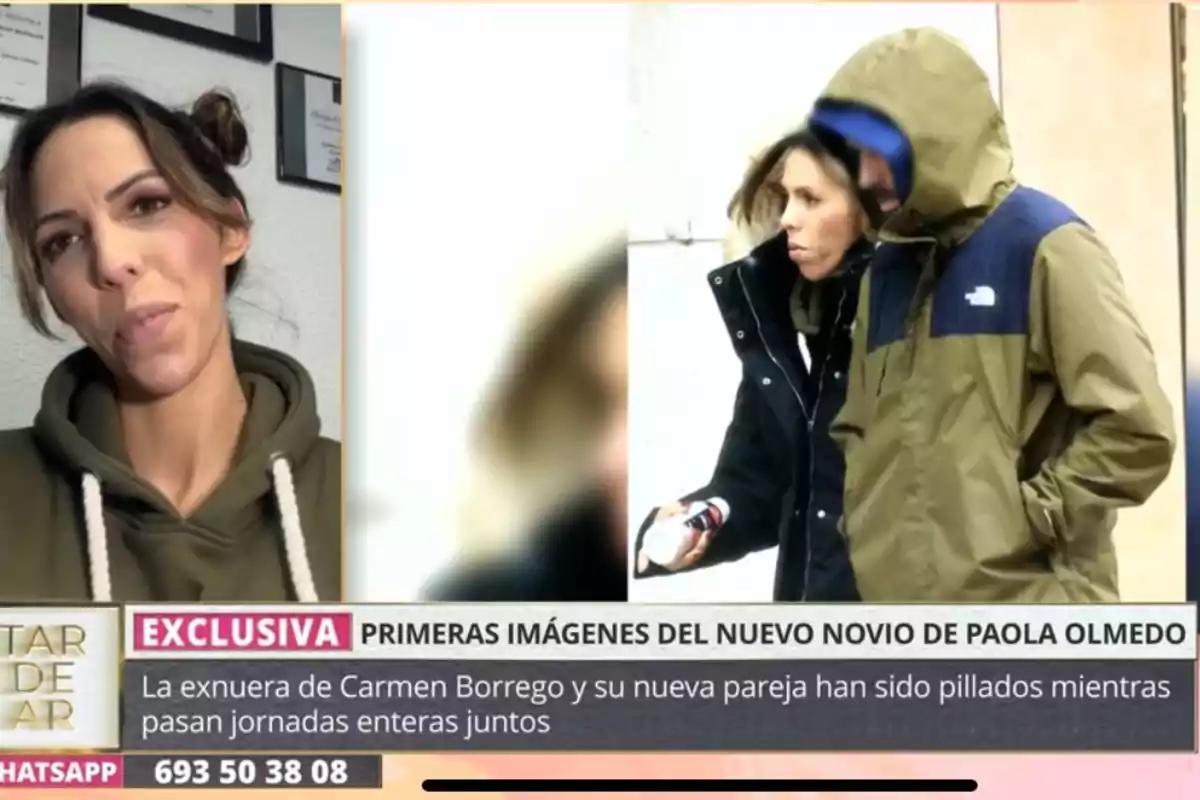 Una dona amb dessuadora verda apareix en una videotrucada, mentre en una altra imatge es veu una parella caminant, tots dos amb roba d'abric. A la part inferior, un text menciona una exclusiva sobre el nou xicot de Paola Olmedo. Una dona amb dessuadora verda apareix en una videotrucada, mentre en una altra imatge es veu una parella caminant, tots dos amb roba d'abric. A la part inferior, un text menciona una exclusiva sobre el nou xicot de Paola Olmedo.