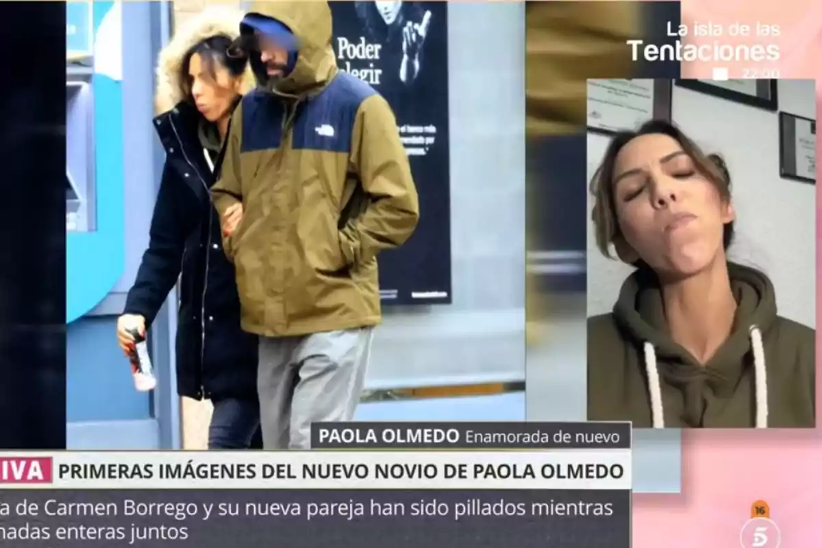 Una parella camina pel carrer abrigada mentre una dona apareix en un requadre a la dreta de la imatge. Una parella camina pel carrer abrigada mentre una dona apareix en un requadre a la dreta de la imatge.
