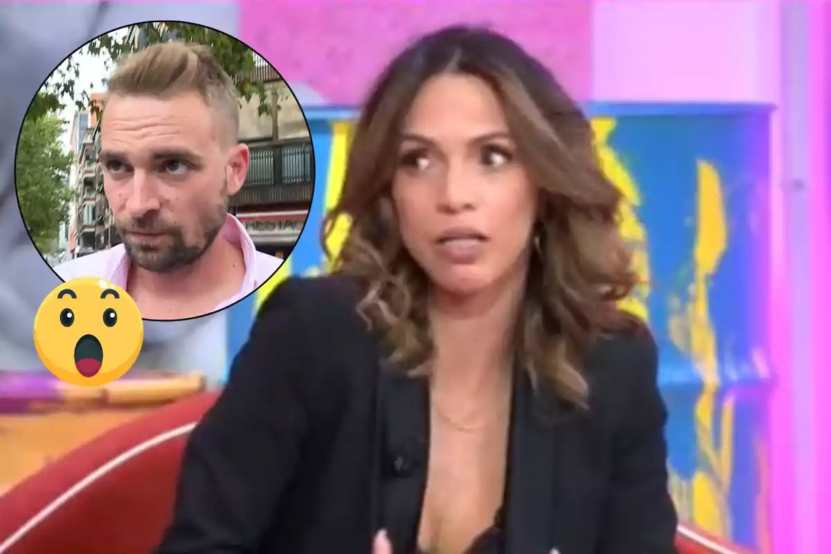 Una dona en un programa de televisió amb un requadre que mostra un home i un emoji sorprès.