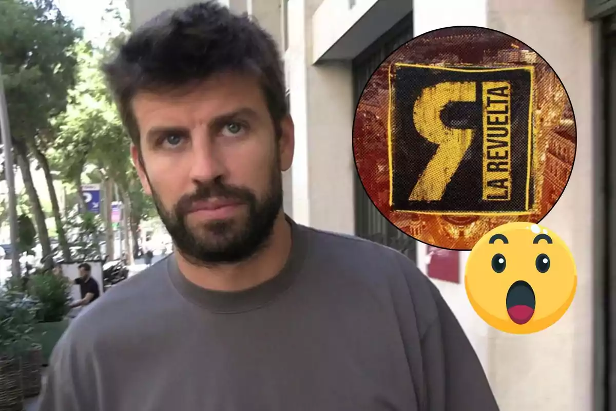 Un home amb barba i cabell fosc està en un carrer arbrat, al costat d'un emblema que diu “La Revuelta” i un emoji sorprès.