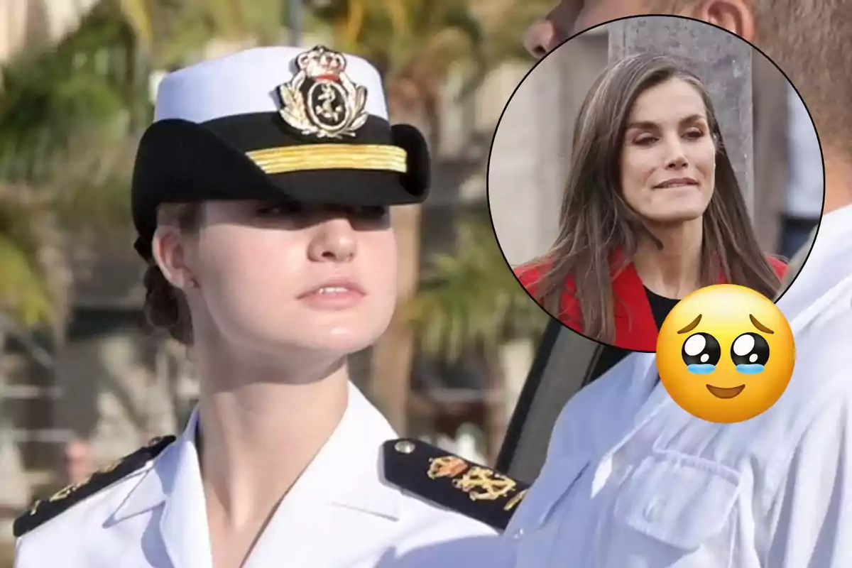 Una persona amb uniforme militar i un barret blanc i negre està dempeus a l'aire lliure; a la cantonada superior dreta hi ha un cercle que mostra una altra persona amb cabells llargs i una expressió emotiva, al costat d'un emoji de careta plorant de felicitat.