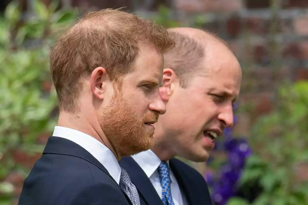 Dos hombres de perfil vestidos con trajes oscuros y corbatas, en un entorno al aire libre con vegetación de fondo. Dos hombres de perfil vestidos con trajes oscuros y corbatas, en un entorno al aire libre con vegetación de fondo.