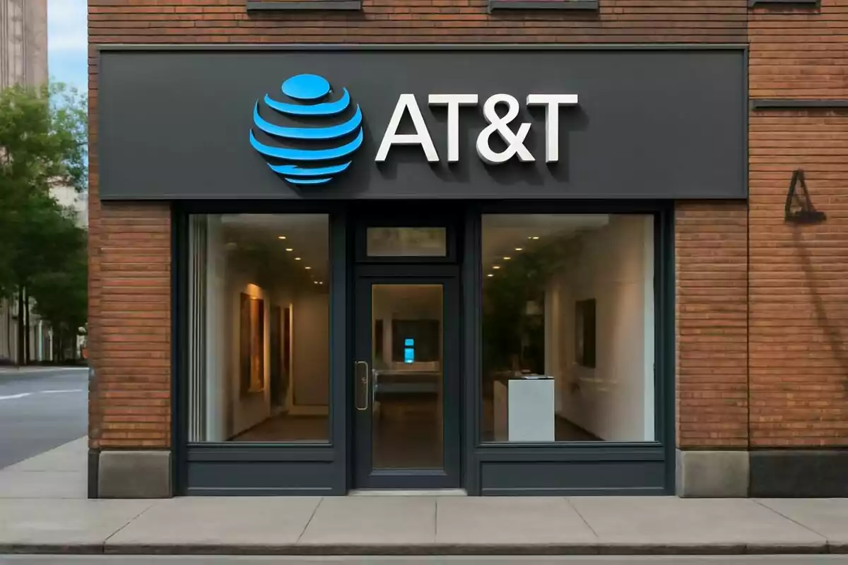 Storefront of a telecommunications shop with a blue logo and white letters, which is AT&T, on a dark background. Storefront of a telecommunications shop with a blue logo and white letters, which is AT&T, on a dark background.