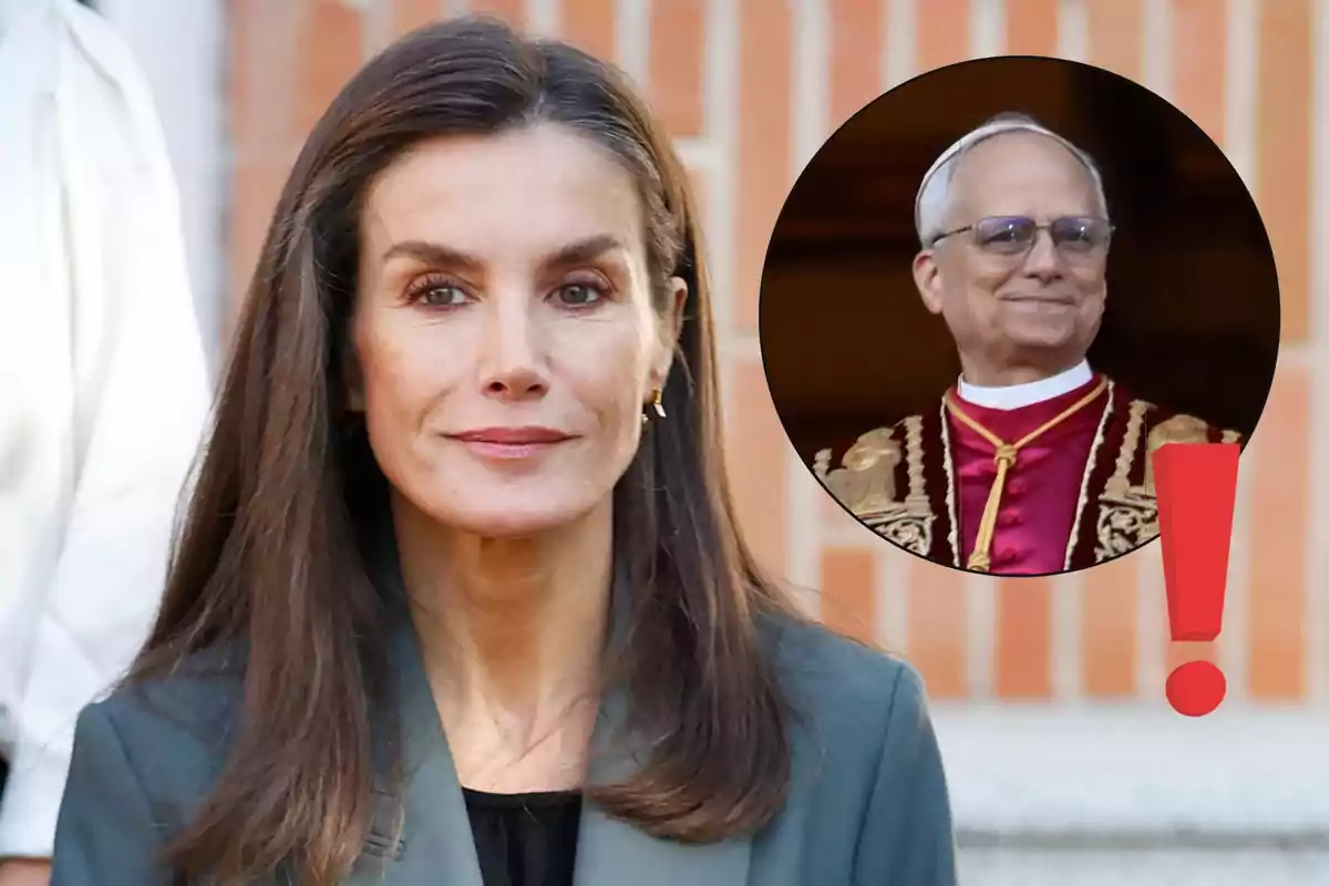 Una dona de cabell fosc i expressió serena està en primer pla mentre en un cercle al fons apareix un home gran amb vestimenta cerimonial i un signe d'exclamació vermell.