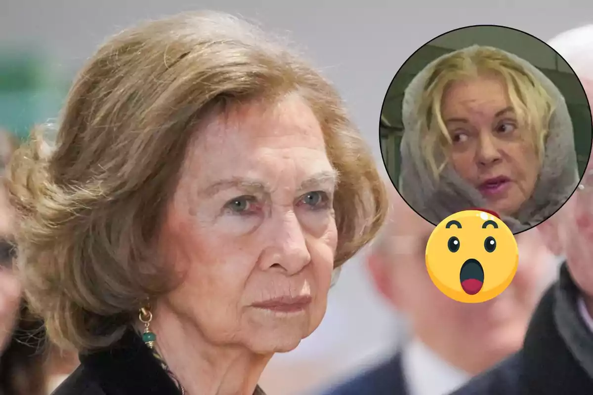 Una dona gran amb expressió seriosa i un requadre amb una altra dona amb mocador i un emoji sorprès.