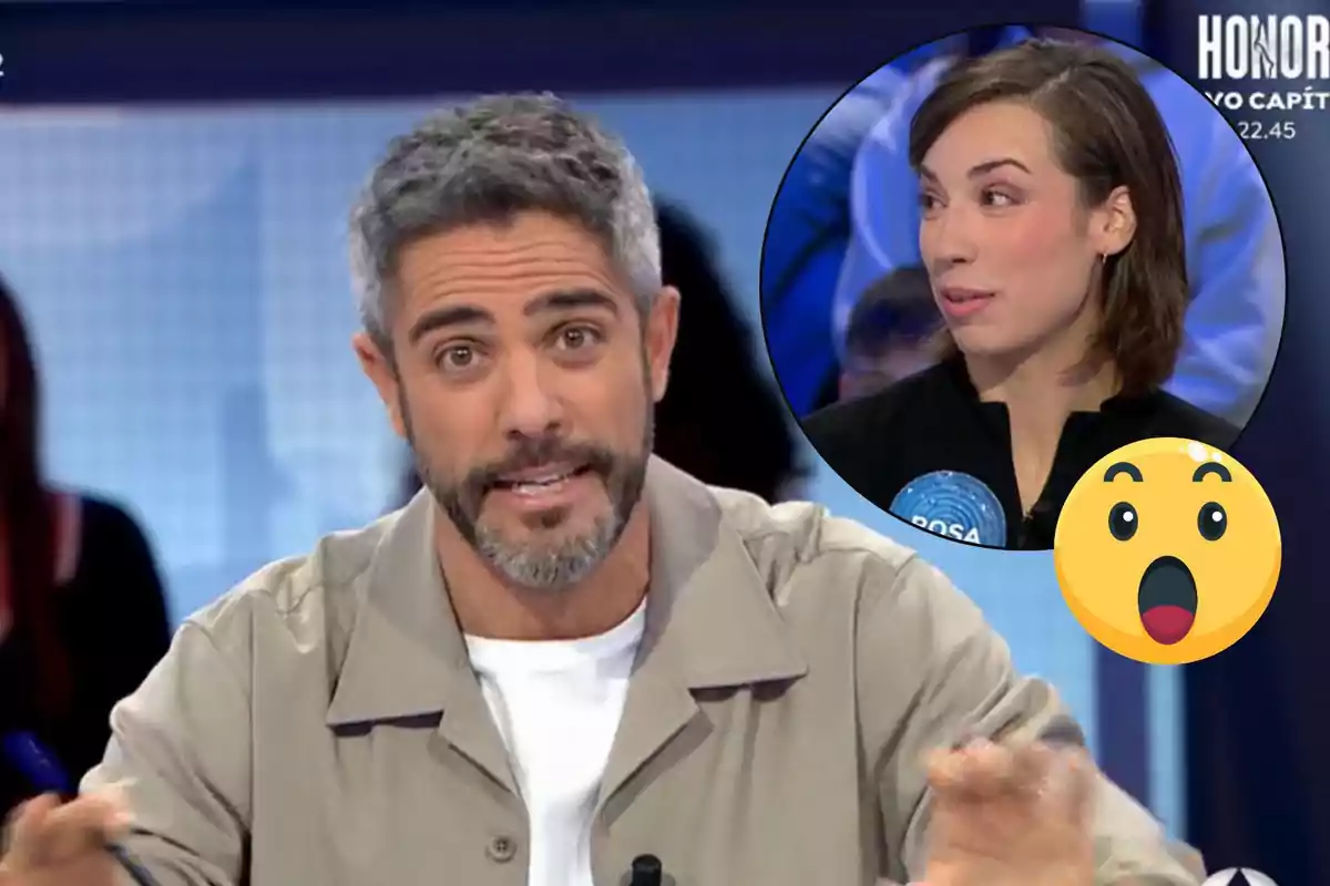 Un home amb barba i cabell canós parla en un programa de televisió, mentre que en un requadre apareix una dona amb expressió de sorpresa al costat d'un emoji sorprès.