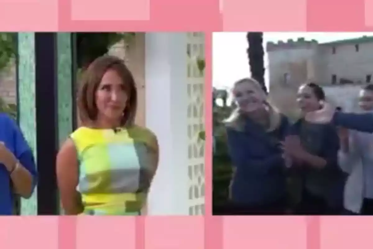 Una dona amb vestit groc i verd està dreta a l'esquerra, mentre que a la dreta hi ha un grup de persones somrient i aplaudint a l'aire lliure. Una dona amb vestit groc i verd està dreta a l'esquerra, mentre que a la dreta hi ha un grup de persones somrient i aplaudint a l'aire lliure.