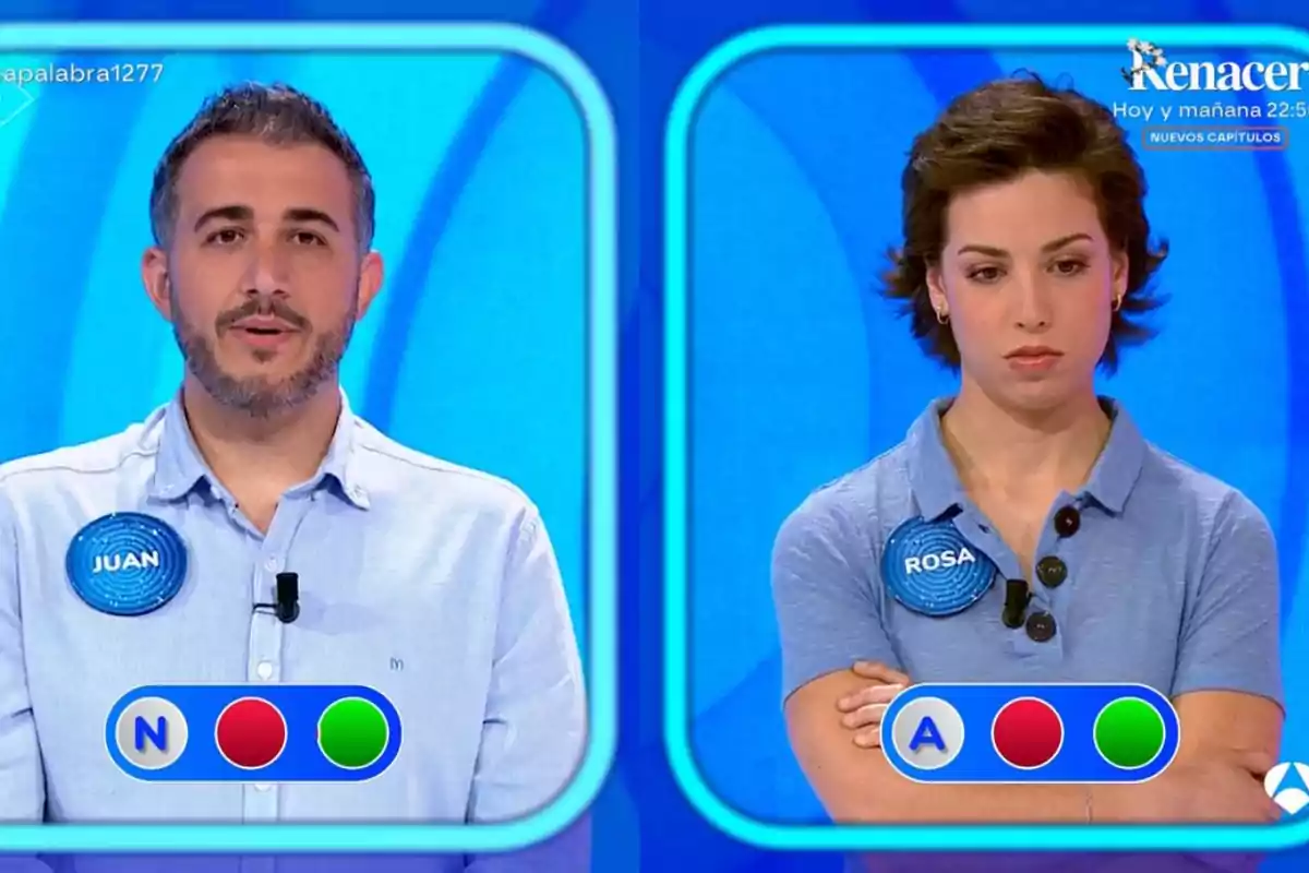 Dos concursants en un programa de televisió de preguntes i respostes, un d’ells es diu Juan i l’altra Rosa, tots dos porten samarretes blaves i tenen expressions serioses, amb indicadors de respostes correctes i incorrectes a la part inferior de la pantalla. Dos concursants en un programa de televisió de preguntes i respostes, un d’ells es diu Juan i l’altra Rosa, tots dos porten samarretes blaves i tenen expressions serioses, amb indicadors de respostes correctes i incorrectes a la part inferior de la pantalla.
