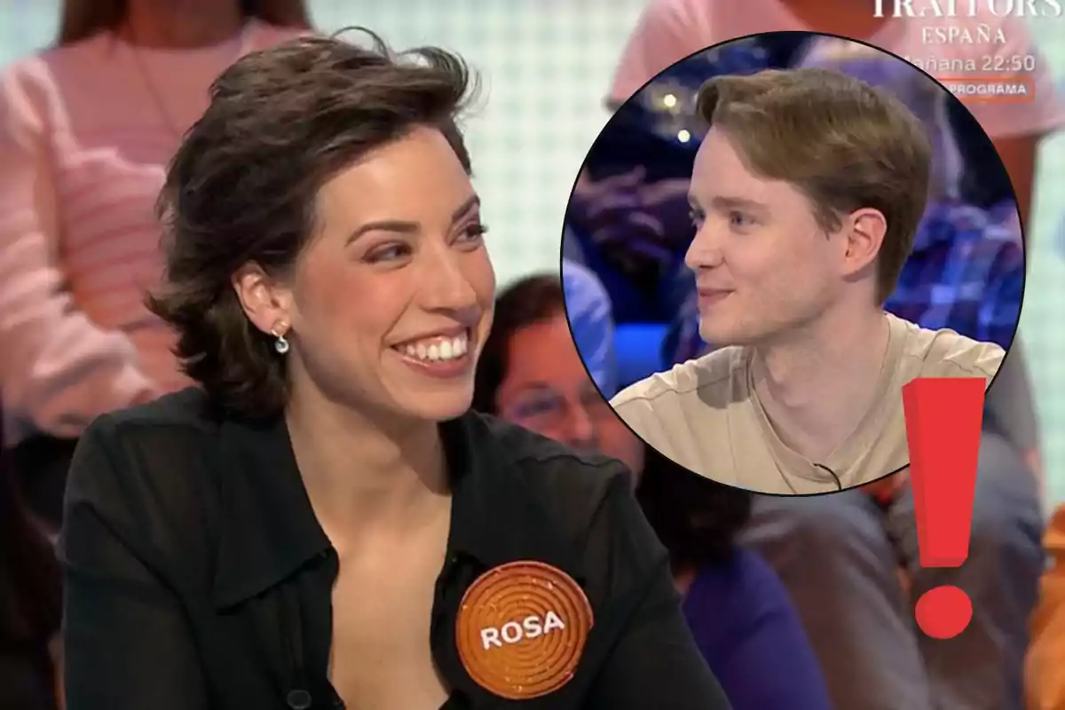 Una dona somrient amb un distintiu que diu "Rosa" està en un programa de televisió; en un requadre, es mostra un home jove amb una expressió neutral.