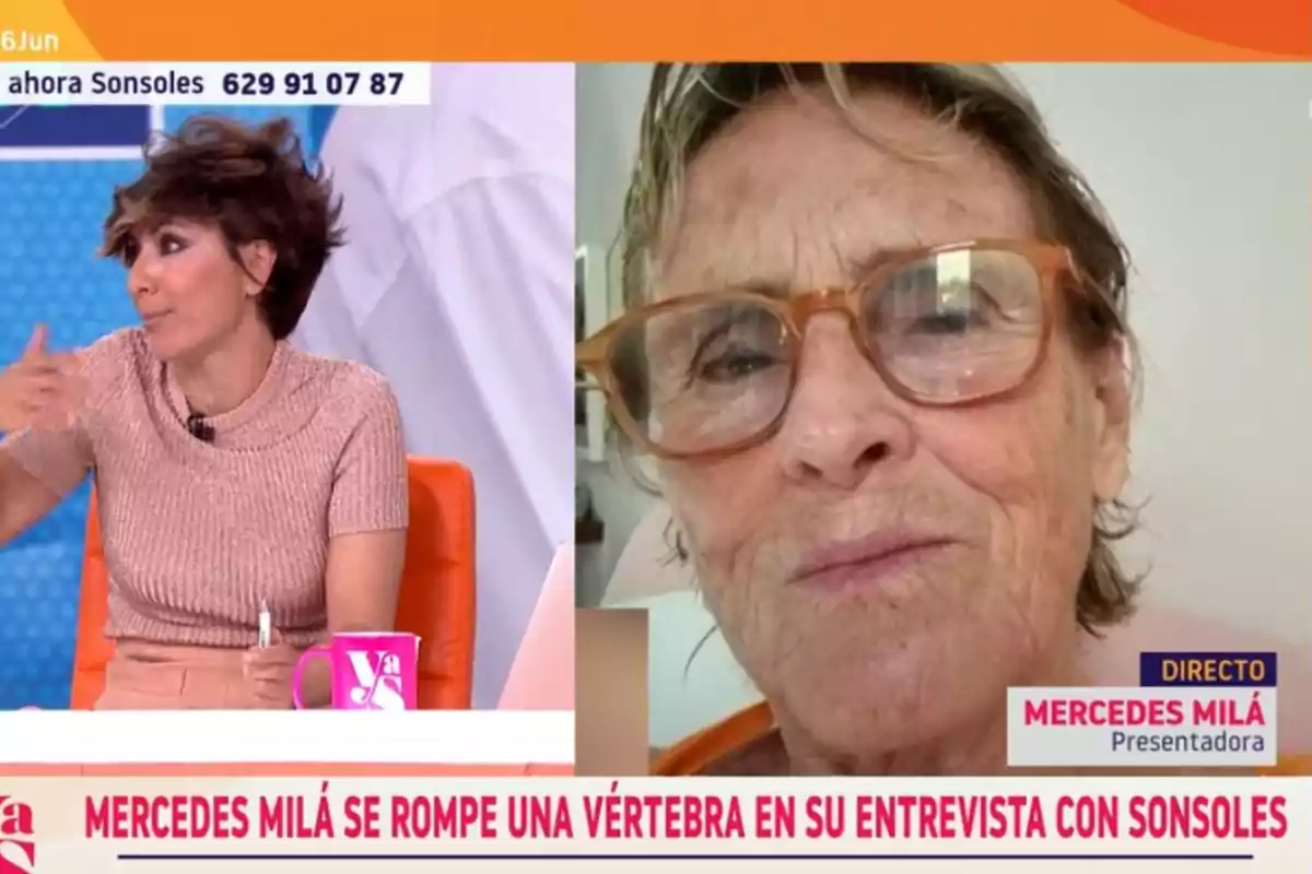 Two women are participating in a television program, one of them appears in the studio speaking and the other on a video call, while a headline about a presenter’s accident is shown at the bottom of the screen. Two women are participating in a television program, one of them appears in the studio speaking and the other on a video call, while a headline about a presenter’s accident is shown at the bottom of the screen.