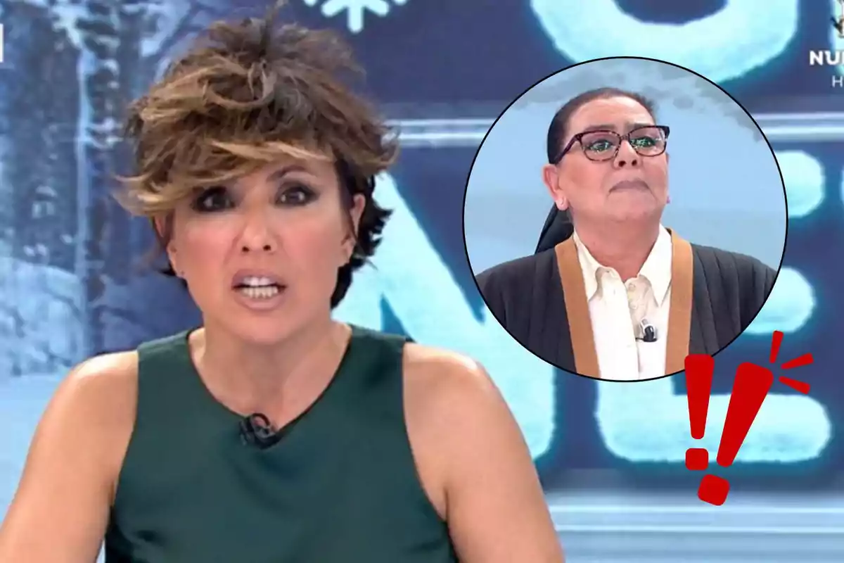 Una presentadora de televisió amb expressió seriosa apareix en un estudi, mentre que en un requadre es mostra una altra persona amb ulleres i expressió pensativa juntament amb un signe d'exclamació vermell.