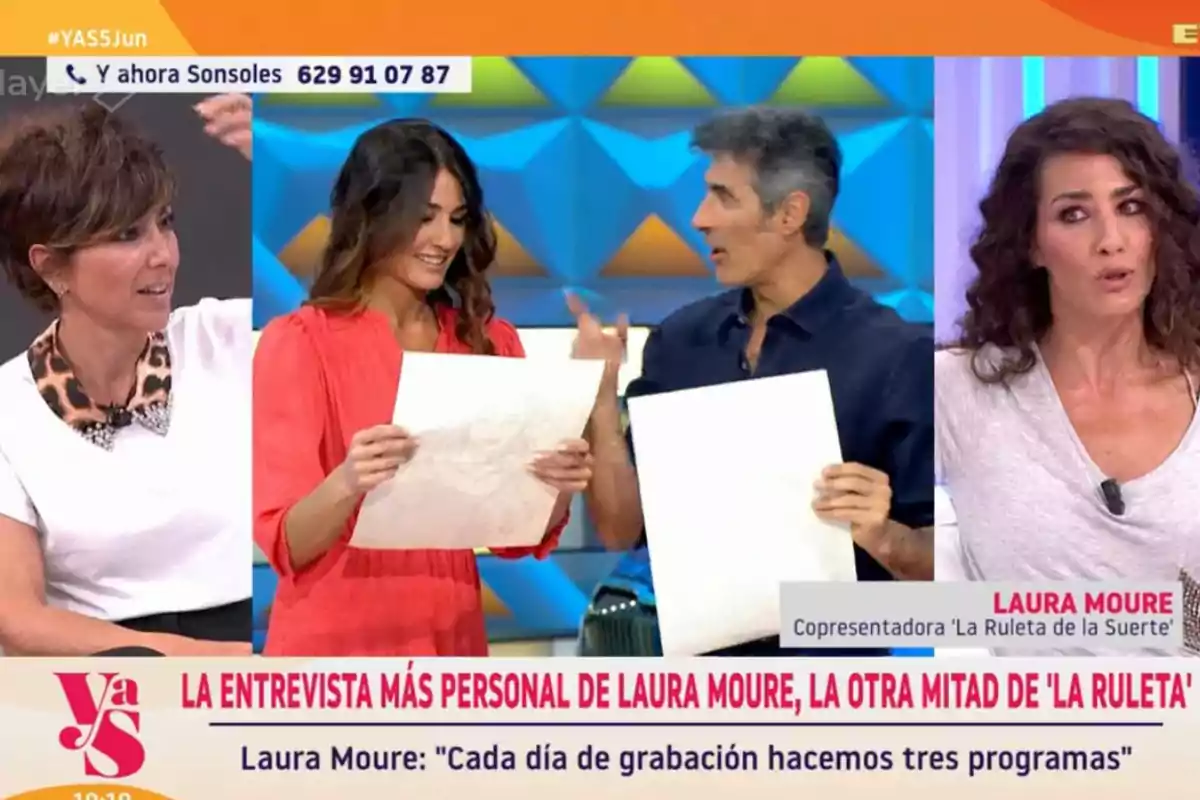 Quatre persones conversen en un programa de televisió, dues d’elles sostenen fulls de paper mentre a la part inferior apareix una franja amb informació sobre una entrevista a Laura Moure. Quatre persones conversen en un programa de televisió, dues d’elles sostenen fulls de paper mentre a la part inferior apareix una franja amb informació sobre una entrevista a Laura Moure.