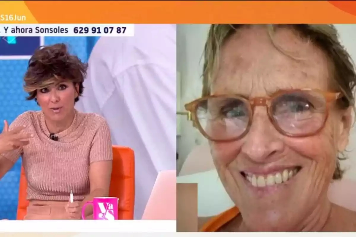 Two women are participating in a video call on a television show; one is in the studio speaking, and the other appears on screen smiling with large glasses. Two women are participating in a video call on a television show; one is in the studio speaking, and the other appears on screen smiling with large glasses.