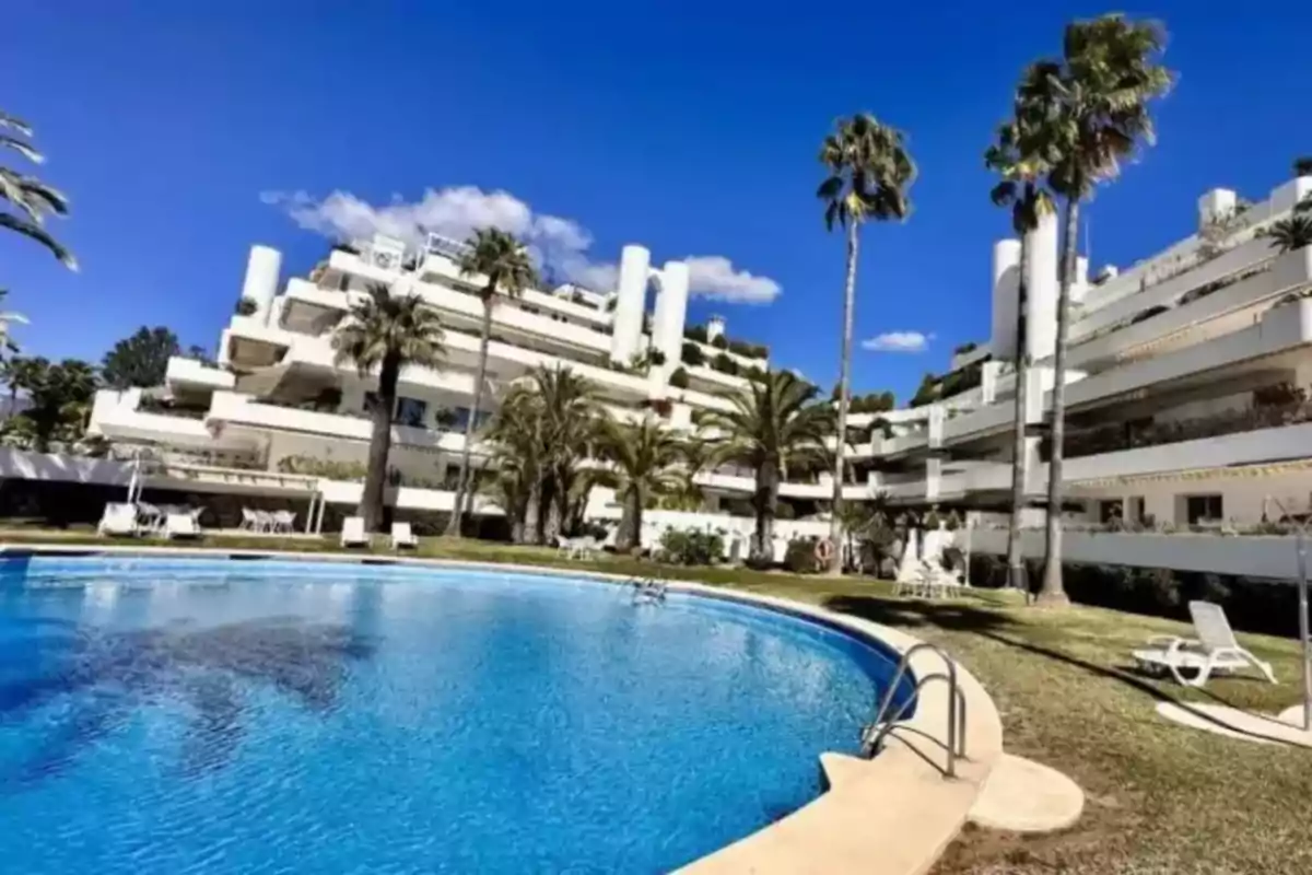 Modern white apartment buildings surrounded by palm trees and a circular pool under a clear blue sky Modern white apartment buildings surrounded by palm trees and a circular pool under a clear blue sky