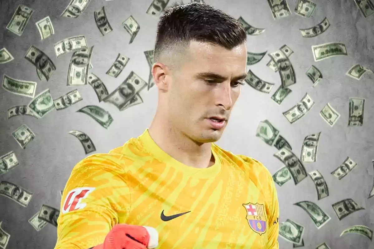 A player in a yellow FC Barcelona uniform appears in the foreground while dollar bills float in the background.