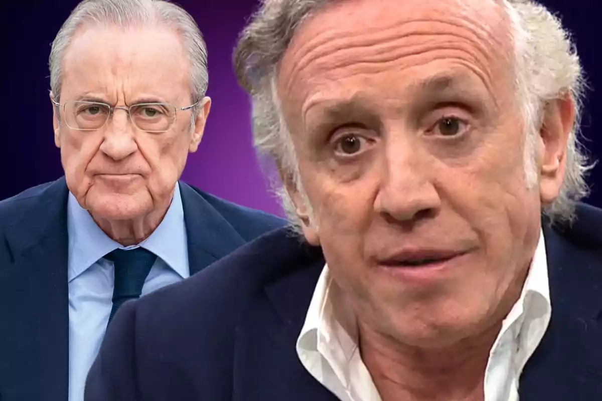 Florentino Pérez i Eduardo Inda sobre un fons de color lila en primer pla