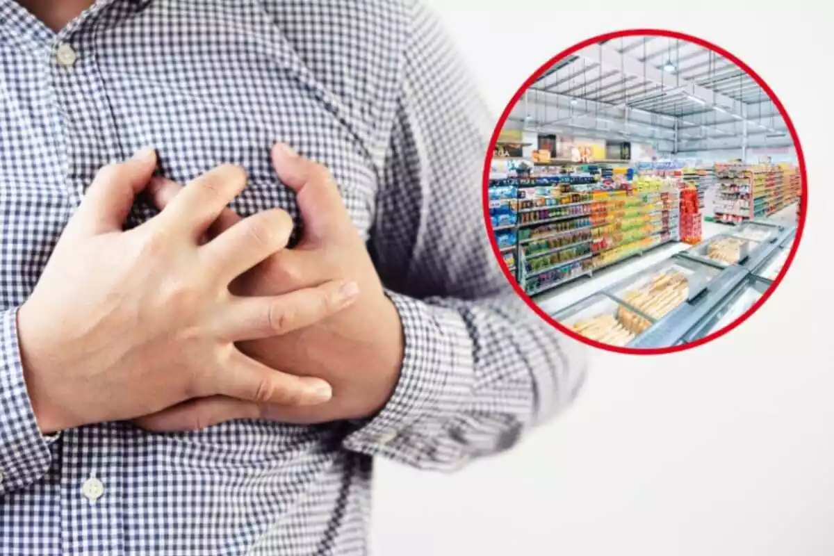 Muntatge amb home amb dolor al pit i cercle vermell amb prestatgeria de begudes d'un supermercat