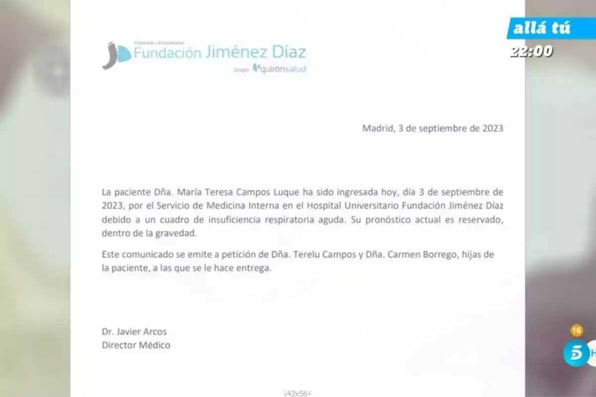 Informe de l'Hospital Universitari Fundación Jiménez Díaz en què comunica que María Teresa Campos ha estat ingressada el dia 3 de setembre de 2023