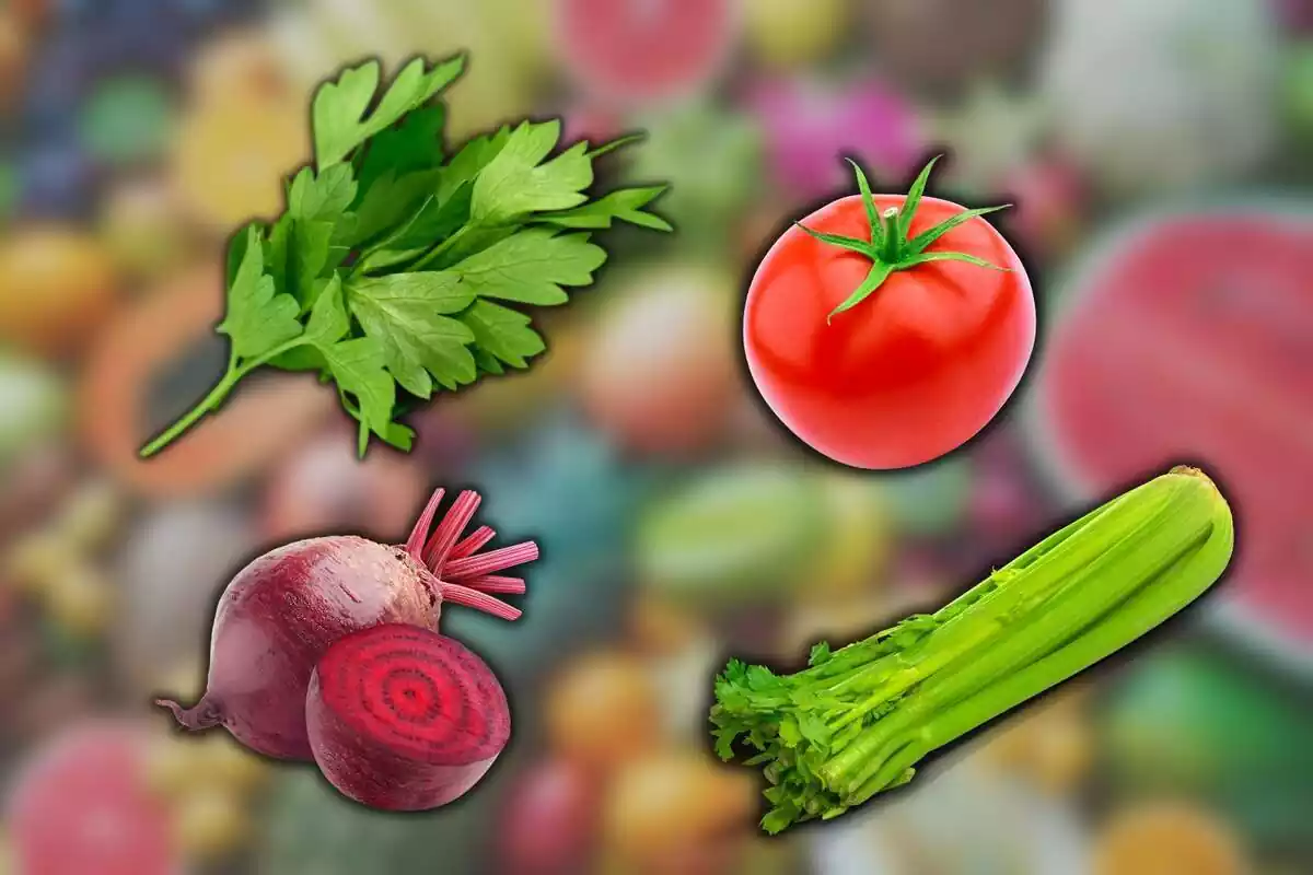 Remolacha, tomate, apio y perejil con el fondo difuminado de un conjunto de frutas y verduras Remolacha, tomate, apio y perejil con el fondo difuminado de un conjunto de frutas y verduras