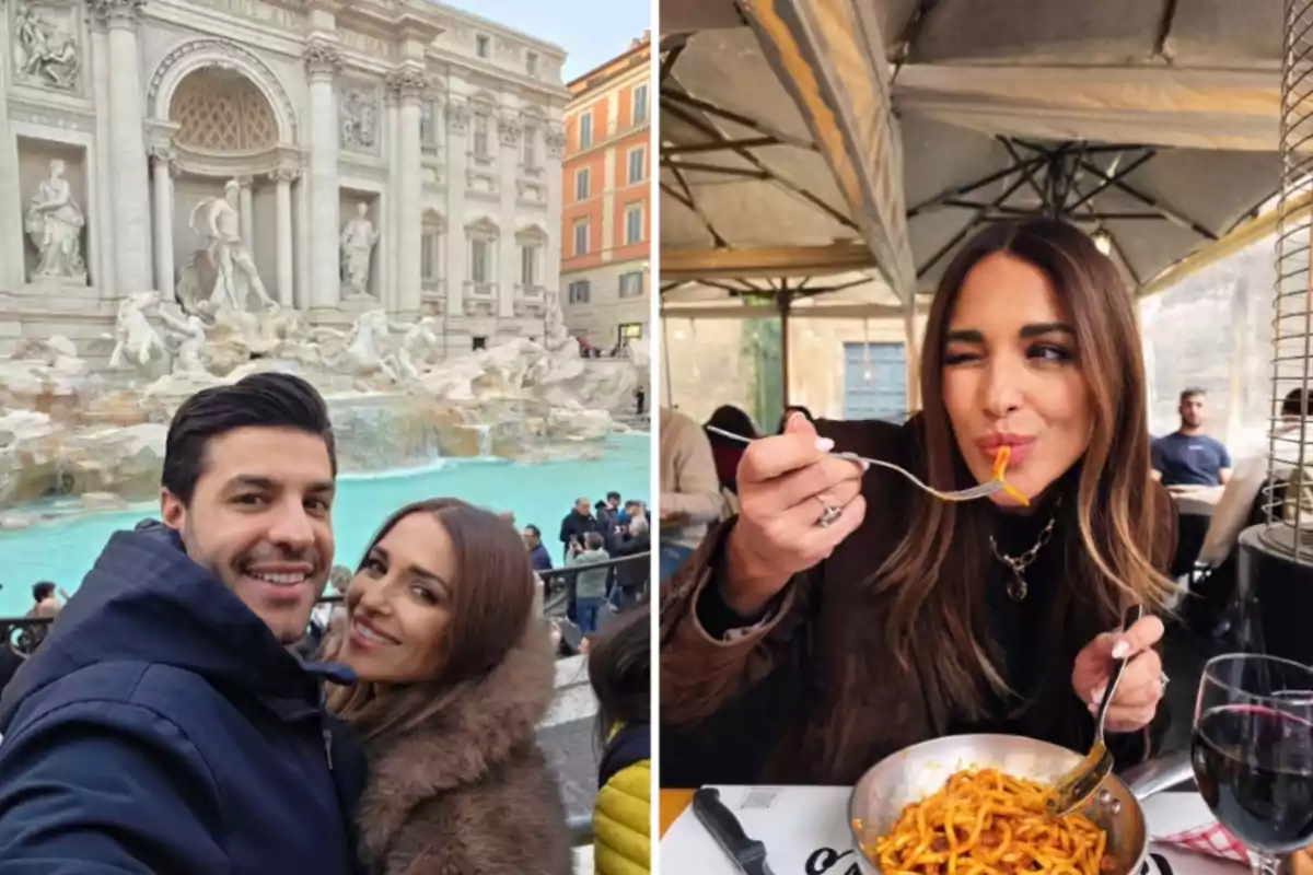 Una parella somriu davant de la Fontana di Trevi mentre gaudeixen d'un dia a Roma, i una dona fa l'ullet mentre assaboreix un plat de pasta en un restaurant a l'aire lliure.