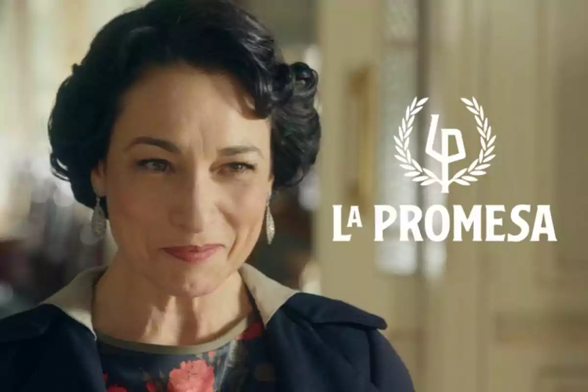 Isabel Serrano, smiling with dark short hair and wearing elegant earrings, appears next to the "La Promesa" logo.